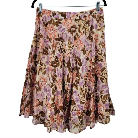 Y2K Floral Midi Skirt 8 Cotton Pink Brown Asymmetrical Sequin Details Boho India - Picture 13 of 15